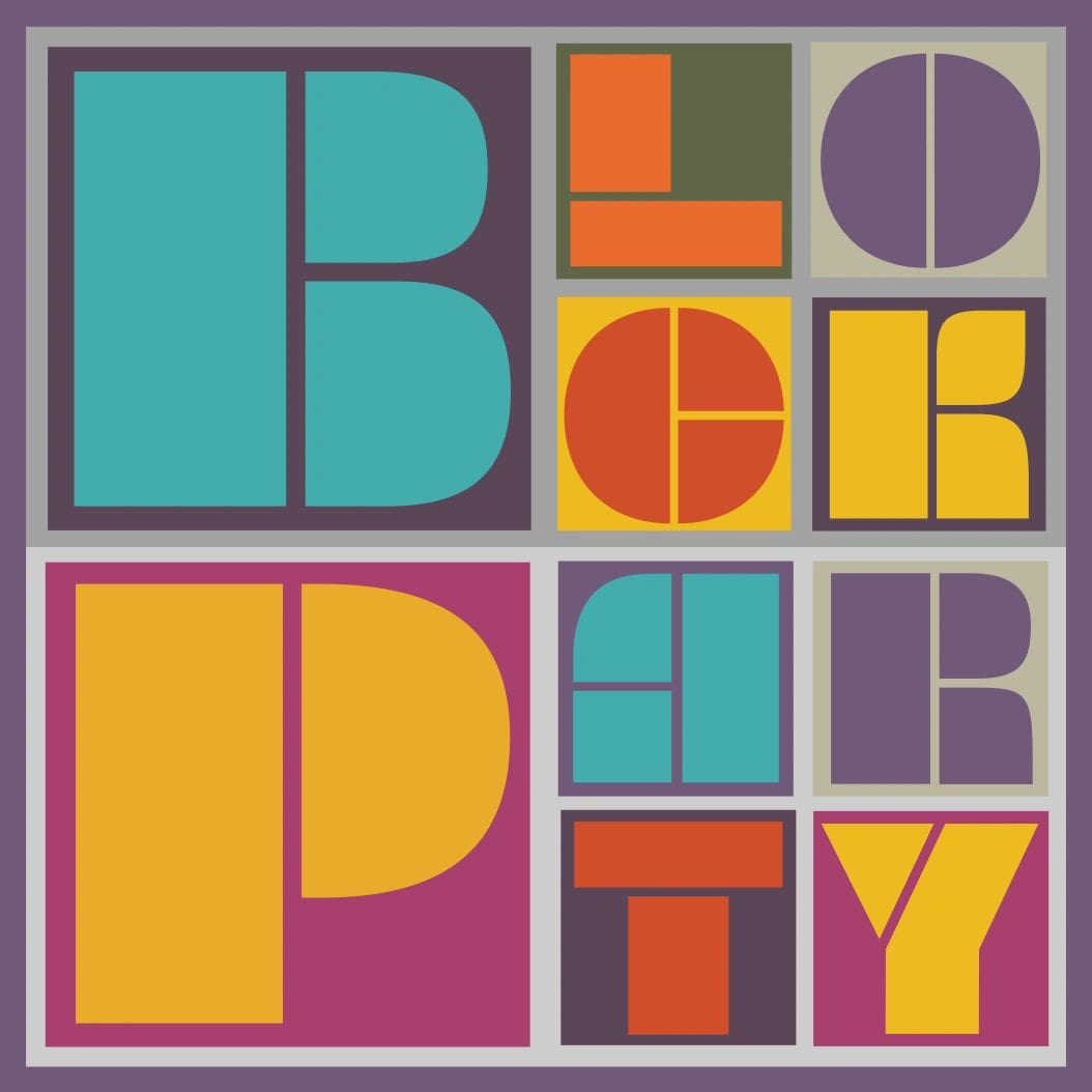 A block party is written in different colors.